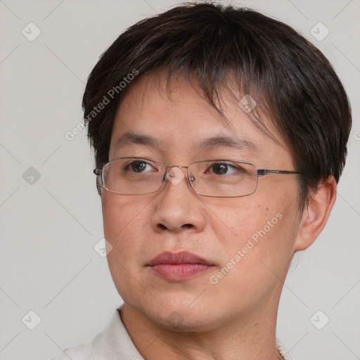 Joyful white adult female with short  brown hair and brown eyes