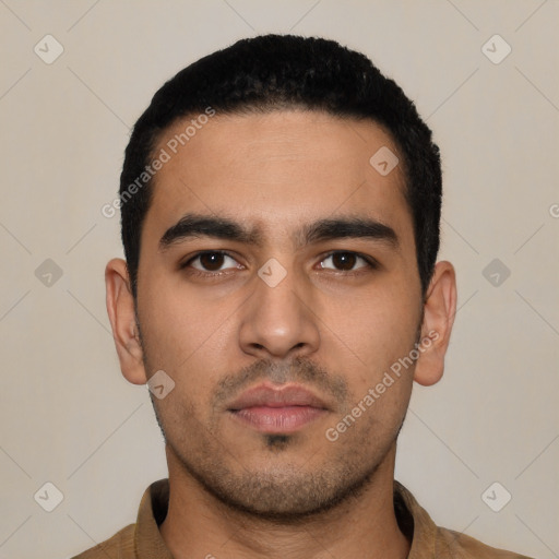 Neutral latino young-adult male with short  black hair and brown eyes