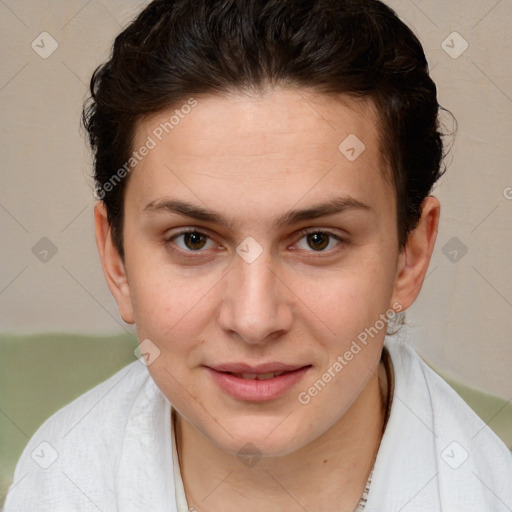 Joyful white young-adult female with short  brown hair and brown eyes