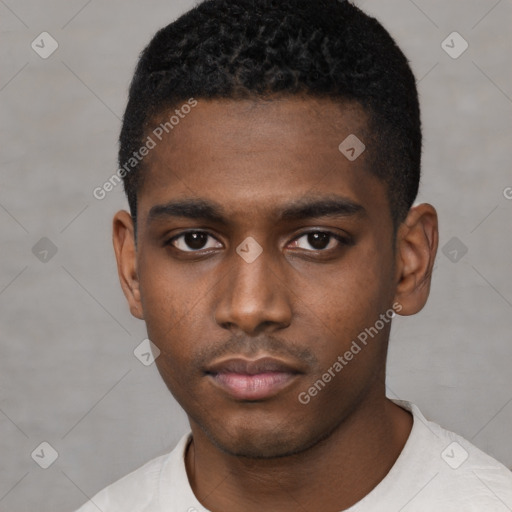 Neutral black young-adult male with short  black hair and brown eyes