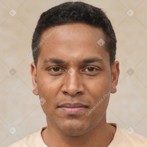 Neutral latino young-adult male with short  black hair and brown eyes