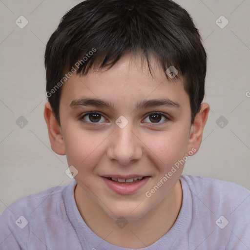 Joyful white child male with short  brown hair and brown eyes