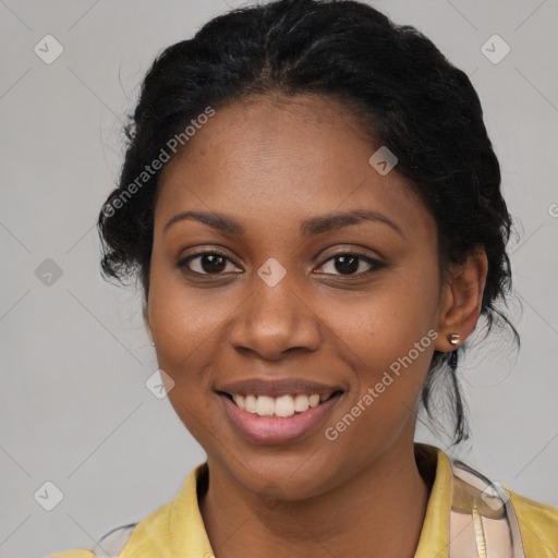 Joyful latino young-adult female with medium  black hair and brown eyes