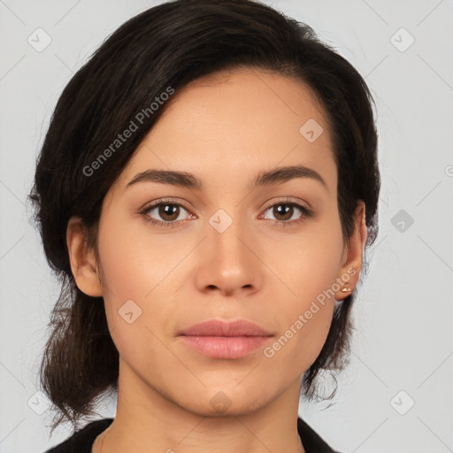 Neutral white young-adult female with medium  brown hair and brown eyes