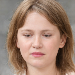 Neutral white young-adult female with medium  brown hair and grey eyes