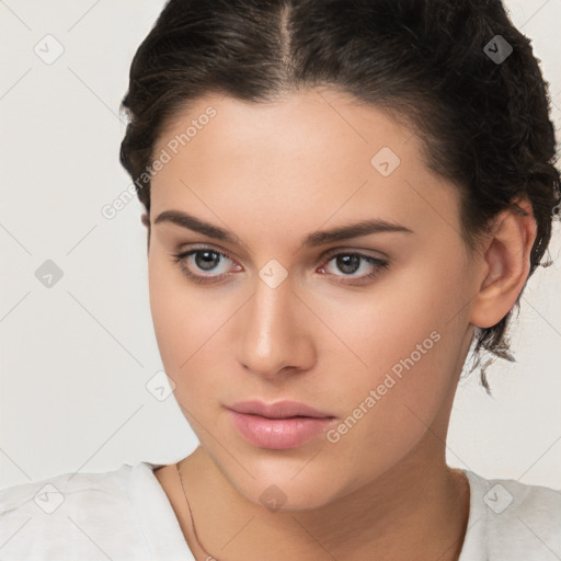 Neutral white young-adult female with medium  brown hair and brown eyes