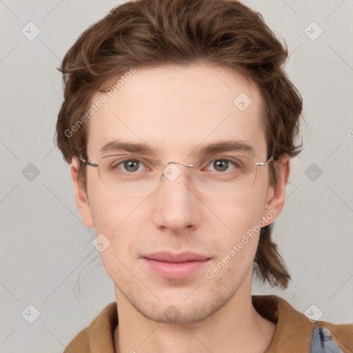 Neutral white young-adult male with short  brown hair and grey eyes