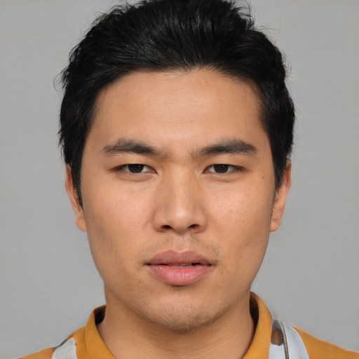 Neutral asian young-adult male with short  black hair and brown eyes