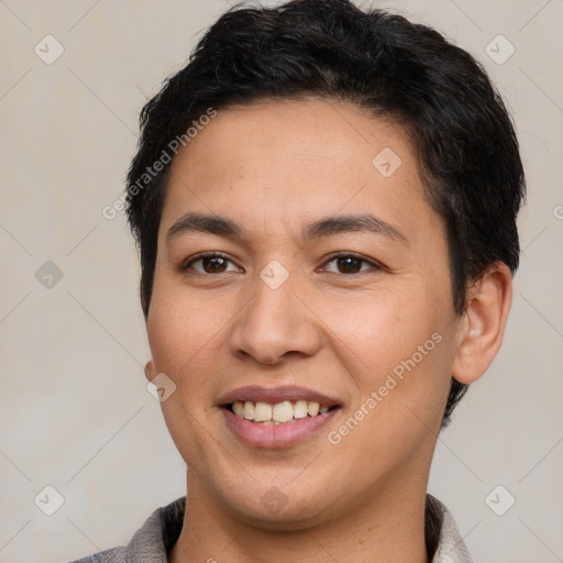 Joyful white young-adult female with short  brown hair and brown eyes