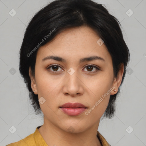 Neutral asian young-adult female with medium  black hair and brown eyes