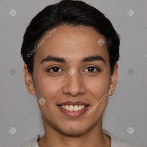 Joyful white young-adult female with short  brown hair and brown eyes