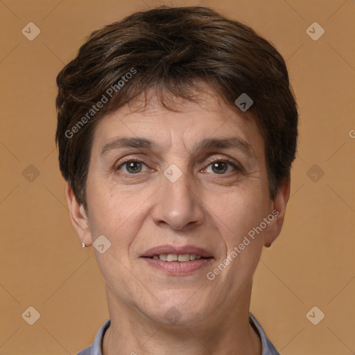 Joyful white adult female with short  brown hair and brown eyes