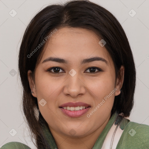 Joyful white young-adult female with medium  brown hair and brown eyes