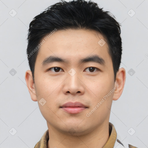 Neutral asian young-adult male with short  black hair and brown eyes