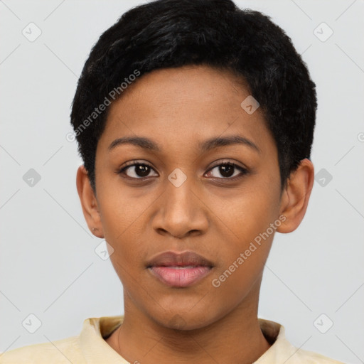 Joyful latino young-adult female with short  black hair and brown eyes