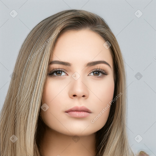 Neutral white young-adult female with long  brown hair and brown eyes