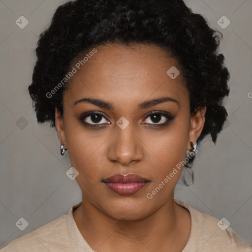 Neutral black young-adult female with short  black hair and brown eyes