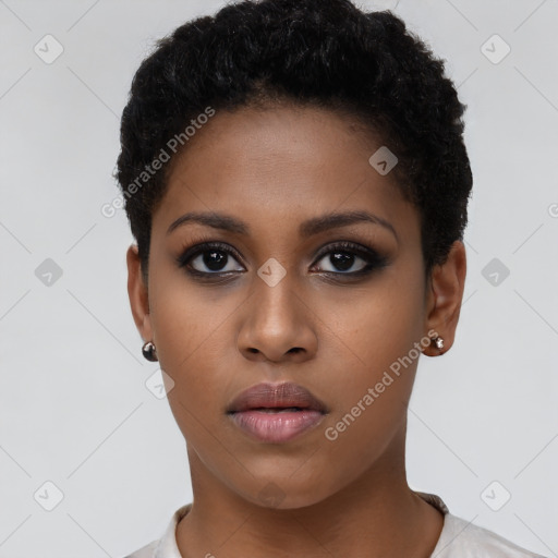 Neutral black young-adult female with short  brown hair and brown eyes