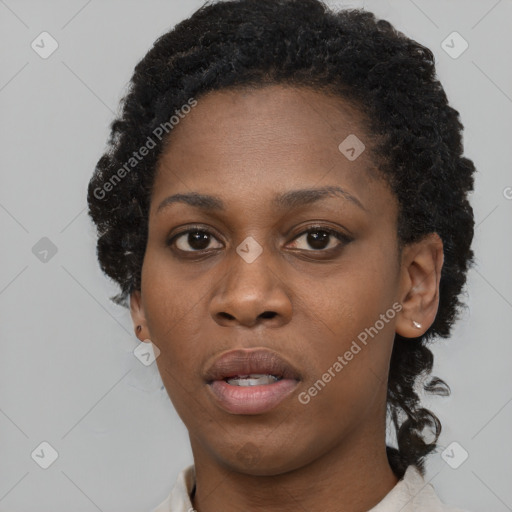 Neutral black young-adult female with short  black hair and brown eyes