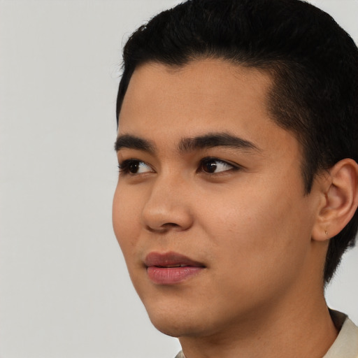 Neutral asian young-adult male with short  black hair and brown eyes