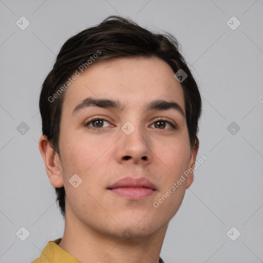 Neutral white young-adult male with short  brown hair and brown eyes