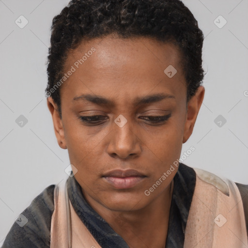 Neutral black young-adult female with short  brown hair and brown eyes