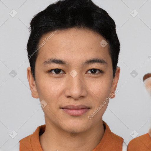 Joyful asian young-adult male with short  brown hair and brown eyes