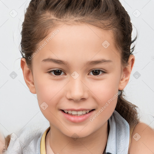 Joyful white child female with medium  brown hair and brown eyes