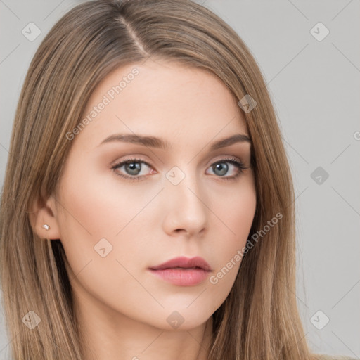 Neutral white young-adult female with long  brown hair and brown eyes