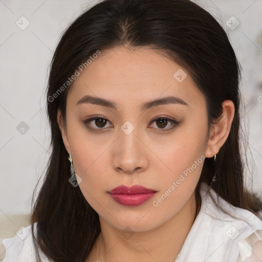 Neutral white young-adult female with medium  brown hair and brown eyes