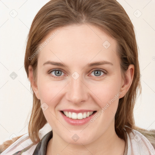 Joyful white young-adult female with medium  brown hair and blue eyes