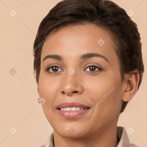 Joyful white young-adult female with short  brown hair and brown eyes