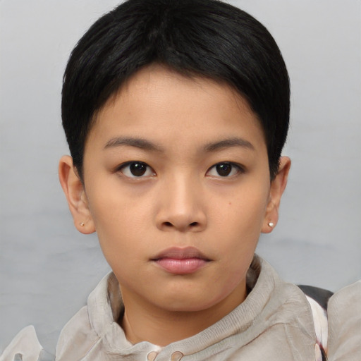 Neutral asian child female with short  brown hair and brown eyes