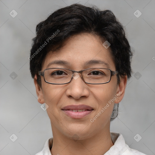 Joyful white adult female with short  brown hair and brown eyes