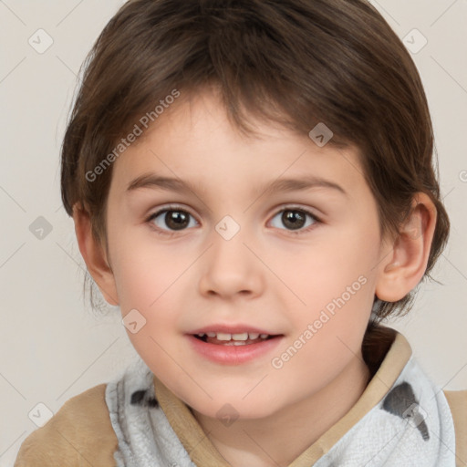 Joyful white child female with medium  brown hair and brown eyes