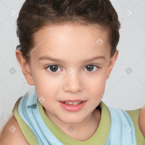 Joyful white child female with short  brown hair and brown eyes