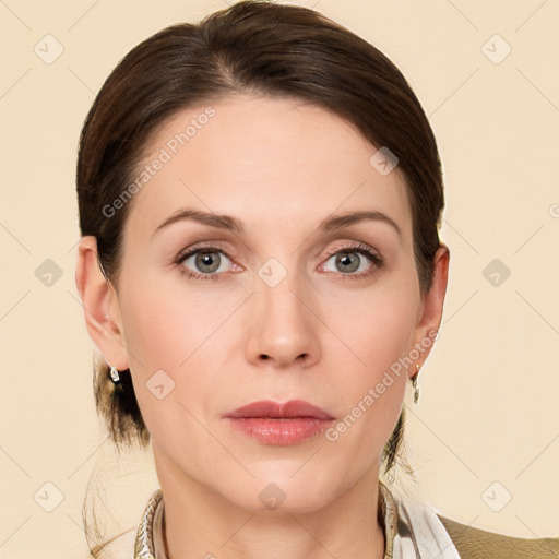 Neutral white young-adult female with medium  brown hair and grey eyes