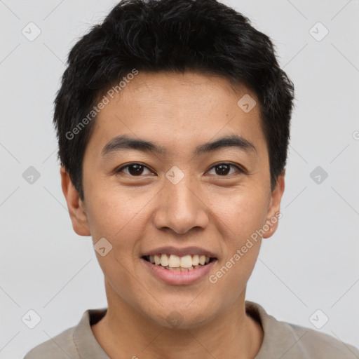 Joyful asian young-adult male with short  black hair and brown eyes