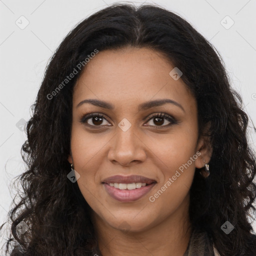 Joyful black young-adult female with long  brown hair and brown eyes