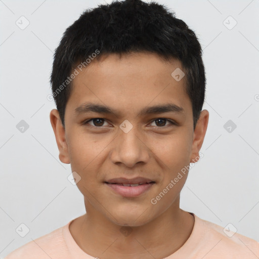 Joyful latino young-adult male with short  black hair and brown eyes