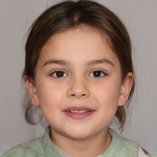 Joyful white child female with medium  brown hair and brown eyes