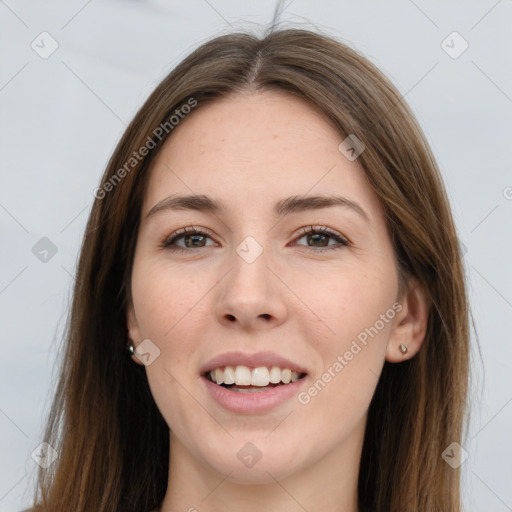 Joyful white young-adult female with long  brown hair and grey eyes