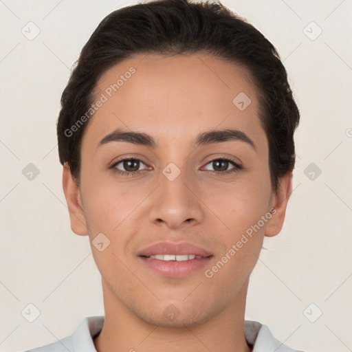 Joyful white young-adult female with short  brown hair and brown eyes