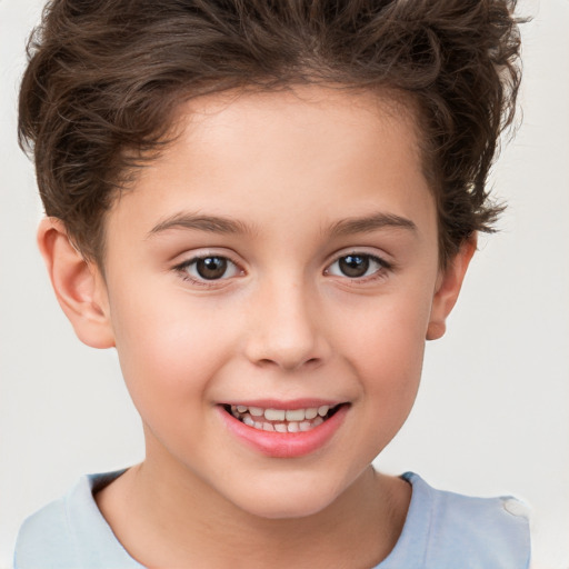 Joyful white child female with short  brown hair and brown eyes