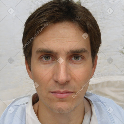 Neutral white young-adult male with short  brown hair and brown eyes