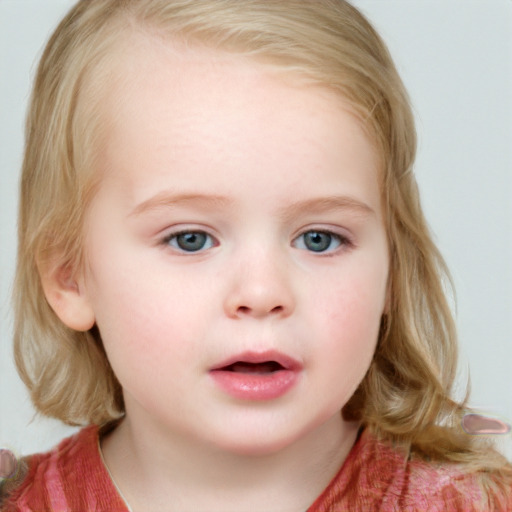 Neutral white child female with medium  brown hair and blue eyes