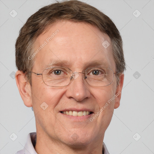 Joyful white middle-aged male with short  brown hair and brown eyes