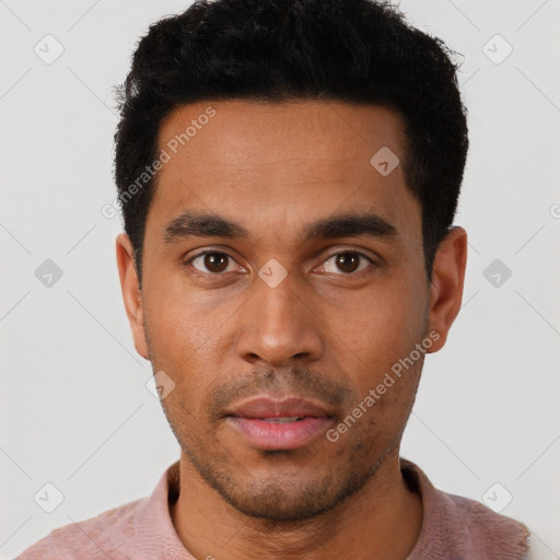 Neutral latino young-adult male with short  black hair and brown eyes