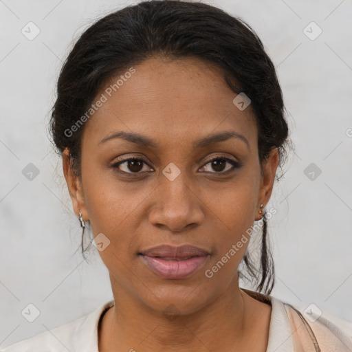 Joyful latino young-adult female with short  brown hair and brown eyes