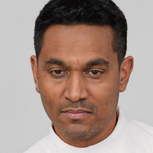 Neutral latino adult male with short  black hair and brown eyes